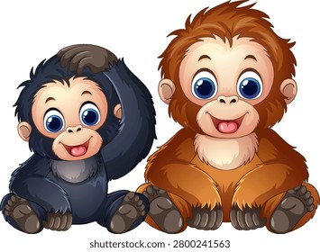 Vector illustration of smiling baby primates with large blue eyes on a plain white background.