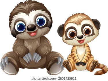 Vector illustration of smiling baby sloth and meerkat characters isolated on white background.