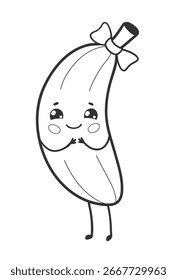 Vector illustration of a smiling banana fruit character in black and white line art with bow and blushing cheeks.