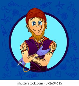 Vector illustration of smiling bearded male tattoo master holding a tattoo machine in his hand. Made in comic cartoon style.