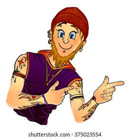 Vector illustration of a smiling bearded male tattoo master pointing with his index fingers. Made in comic cartoon style.