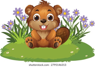 Vector illustration of a smiling beaver sitting in a meadow with purple spring flowers.