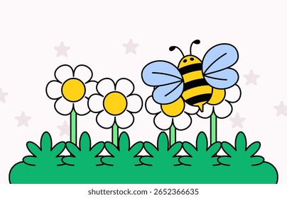 Ilustração vetorial de uma abelha sorridente voando ao redor de flores brancas margaridas com grama verde em estilo desenhado à mão de desenho animado para primavera, natureza, projeto de fundo de polinização