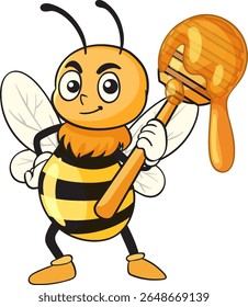 Vector illustration of a smiling bee holding a honey dipper. Bright colors and playful style create a cheerful atmosphere