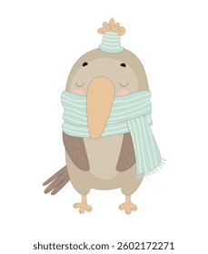 Vector illustration of a smiling bird wrapped in a scarf and wearing a hat on a white background. Simple and adorable style for kids.