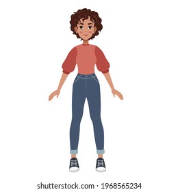 Vector illustration of smiling black girl in red blouse, blue jeans and sneakers isolated on white background.