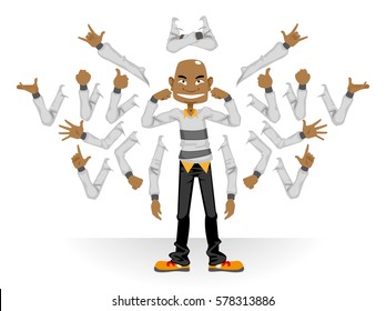 Vector illustration. Smiling black guy with a useful set of interchangeable arms.