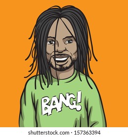 Vector illustration of smiling black man with dreadlocks. Easy-edit layered vector EPS10 file scalable to any size without quality loss. High resolution raster JPG file is included.