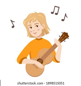 Vector illustration of smiling blonde girle playing ykulele