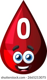 Ilustração vetorial de um personagem de gota de sangue sorridente com olhos expressivos e uma etiqueta tipo O em negrito, renderizada em um estilo de desenho animado brilhante