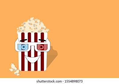 Vector illustration. A smiling box of popcorn. Watching a movie in the cinema. Cheerful mood. Element for design.