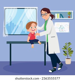 Vector illustration of a smiling boy being examined by a doctor. Cartoon scene with a boy being listened to by a doctor with a stethoscope in a room with a window, a picture,a shelf, and flower pots.