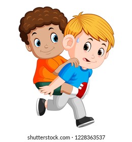 Vector illustration of Smiling boy carrying his best friend on his back
