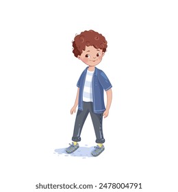 Vector illustration of a smiling boy with curly hair, wearing casual clothes and standing.