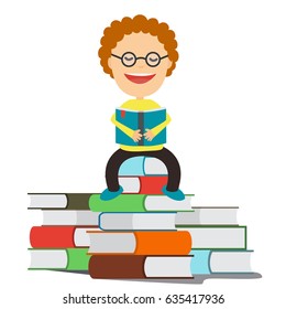 Vector illustration of smiling boy in eyeglasses reading book while sitting on pile of books. Education concept design element.