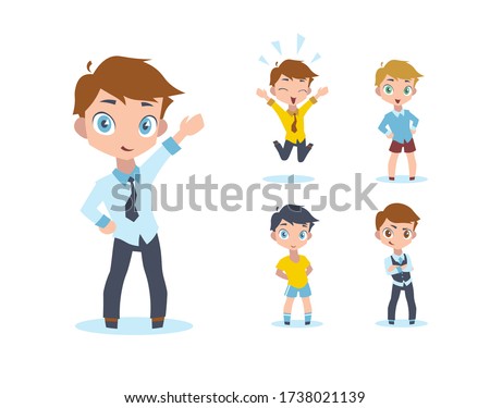 Vector illustration of a smiling boy in flat colors with five variations of face expression, hair, clothing and pose. Cute chibi kid jumping in joy. Cheeky cartoon teenagers in school outfits.
