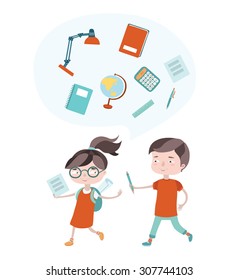 Vector Illustration  Smiling Boy Give A Pencil To Smart Girl In Glasses, Who Is Thinking About Studying