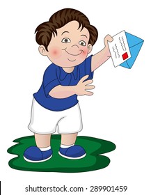 Vector illustration of smiling boy holding envelope and letter.
