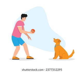 Vektorgrafik eines lächelnden Jungen, der mit einem Hund Ball spielt. Cartoon-Szene von Jungen, die Ball mit glücklichem, goldenem Retriehund spielen, einzeln auf weißem Hintergrund.