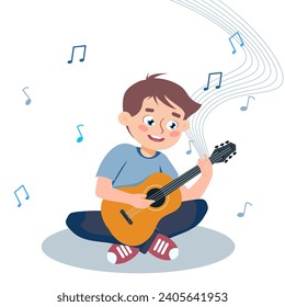 Imagen vectorial de un niño sonriente tocando la guitarra. Escena de caricaturas con un niño feliz sentado, cantando y tocando guitarra, y notas musicales, se han aislado en el fondo blanco. El niño es cantante.