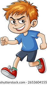 Vector illustration of a smiling boy walking confidently. Bright colors and cartoon style enhance the playful mood