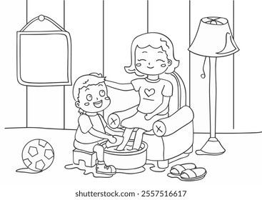 Vector illustration of smiling boy washing his mother's feet, example of an act of respecting parents, can be used for coloring sheets, mothers day, black and white line art drawing book