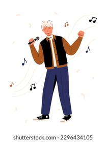 Vector illustration of a smiling boy who sings. A man in stylish clothes speaks to the public. A character with a microphone in his hand performs a song. The concept of Eurovision, music competitions