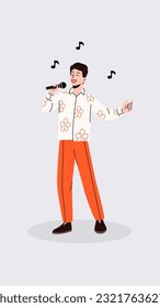 Vector illustration of a smiling boy who sings. A man in stylish clothes speaks to the public. A character with a microphone in his hand performs a song. Eurovision concept, music competitions. 