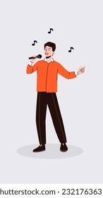 Vector illustration of a smiling boy who sings. A man in stylish clothes speaks to the public. A character with a microphone in his hand performs a song. Eurovision concept, music competitions. 