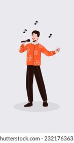 Vector illustration of a smiling boy who sings. A man in stylish clothes speaks to the public. A character with a microphone in his hand performs a song. Eurovision concept, music competitions. 