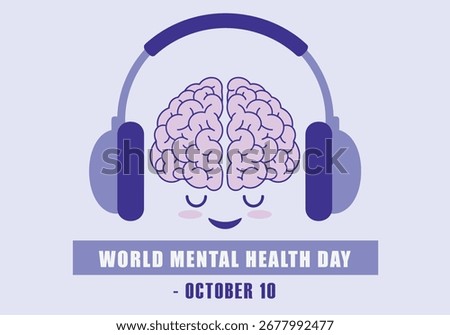 vector illustration of a smiling brain character wearing headphones for a World Mental Health Day concept of music and relaxation.