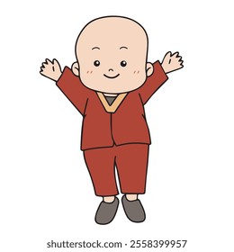 vector illustration of smiling buddhist monk raise his both hand happily, suited for buddhist kids cartoon 