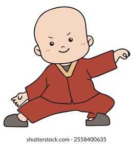 vector illustration of smiling Buddhist monk doing shaolin pose, wushu tradition,  suited for Buddhist kids cartoon 