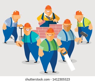 Vector illustration of smiling builders on construction site