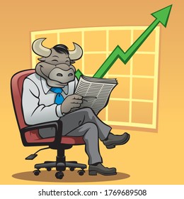 
Vector illustration of a smiling bull in a businessman suit. There is a graph in the background with an upwards trend to represent a bull market.