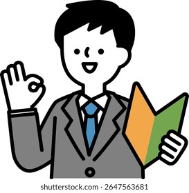 Vector illustration of a smiling business man in a positive pose holding a beginner's mark