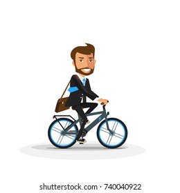 Vector Illustration Of Smiling Business Man Riding A Modern Electric Bicycle In Cartoon Style Isolated On White Background. Cyclist In Suit Going To Work By Bike. Ebike Future In Urban Transportation.