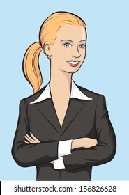 Vector illustration of Smiling business woman with arms crossed. Easy-edit layered vector EPS10 file scalable to any size without quality loss. High resolution raster JPG file is included. 