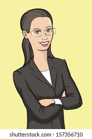 Vector illustration of Smiling business woman in glasses with arms crossed. Easy-edit layered vector EPS10 file scalable to any size without quality loss. High resolution raster JPG file is included.