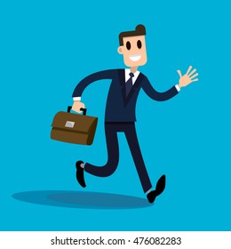 Vector illustration of a smiling businessman with a briefcase in his hand running to work.