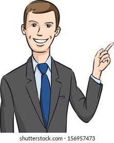 Vector illustration of Smiling businessman pointing the finger. Easy-edit layered vector EPS10 file scalable to any size without quality loss. High resolution raster JPG file is included.