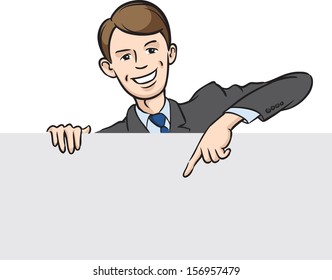 Vector illustration of Smiling businessman pointing the finger at banner. Easy-edit layered vector EPS10 file scalable to any size without quality loss. High resolution raster JPG file is included.