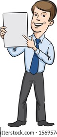 Vector illustration of smiling businessman standing and pointing the finger. Easy-edit layered vector EPS10 file scalable to any size without quality loss. High resolution raster JPG file is included.
