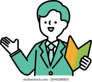 Vector illustration of a smiling businessperson man in a suit holding a beginner's mark