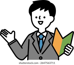 Vector illustration of a smiling businessperson man in a suit holding a beginner's mark