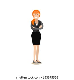 Vector illustration of smiling businesswoman standing with arms crossed. Office people flat style design element, icon isolated on white background.