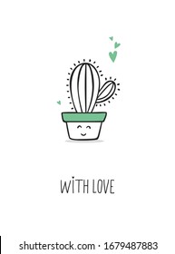 Vector illustration of a smiling cactus in a pot with the inscription "with love".  Place for text. eps 10
