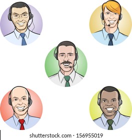 Vector illustration of smiling call center employees. Easy-edit layered vector EPS10 file scalable to any size without quality loss. High resolution raster JPG file is included.