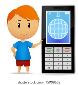 Vector illustration. Smiling cartoon boy with big cell phone
