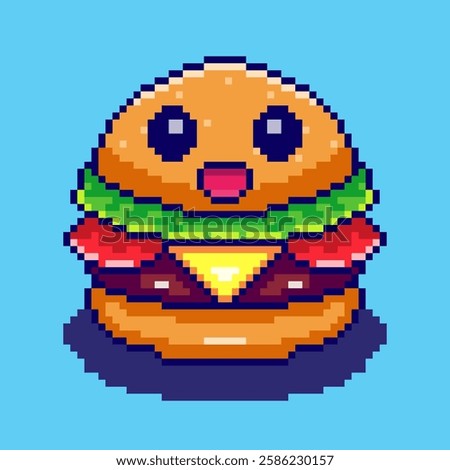 Vector Illustration of Smiling Cartoon Burger with Pixel Art Design, perfect for game assets themed designs